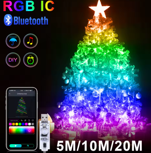 Luces LED de árbol de Navidad USB de 10M / 20M con control remoto inteligente de la aplicación Bluetooth Guirnalda de luces de hadas de decoración navideña para el hogar